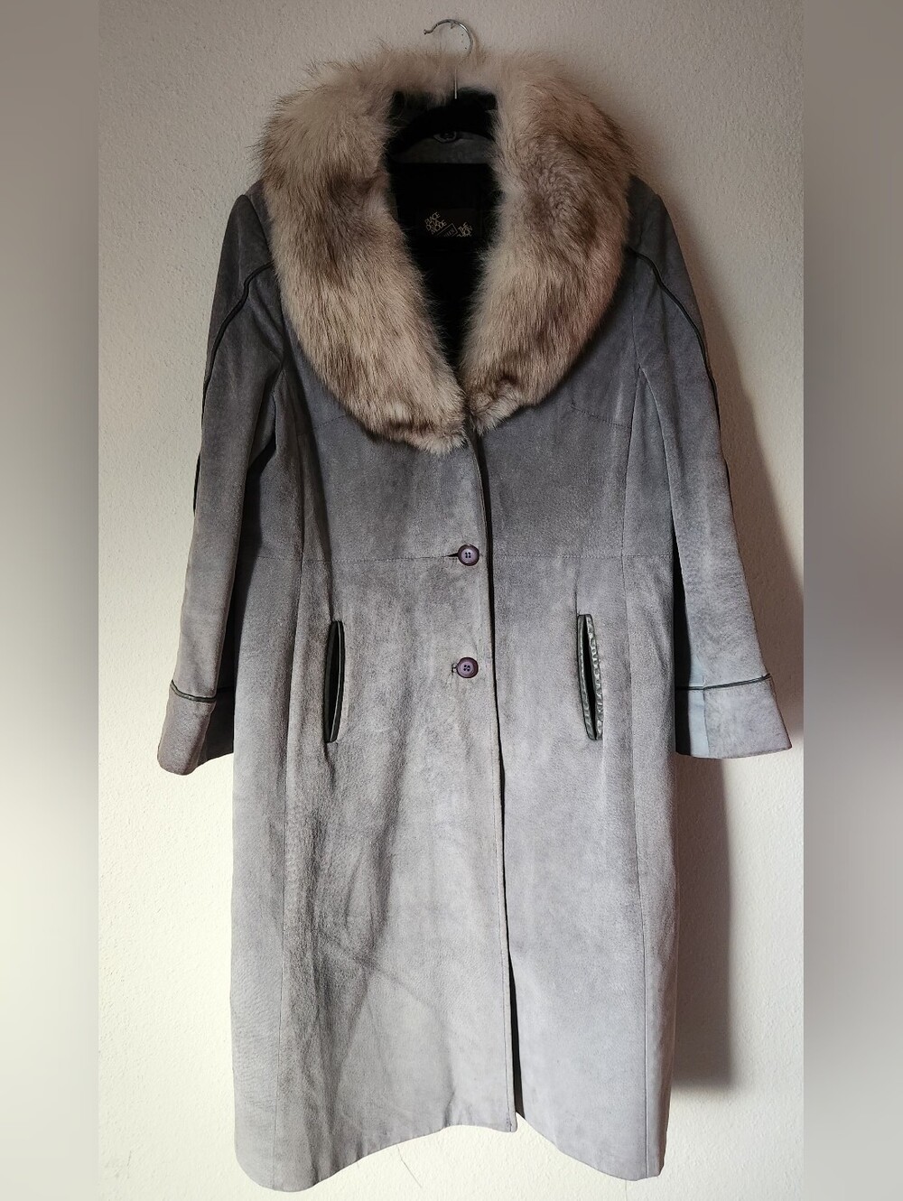Womens Grey Suede Coat with Fur Collar